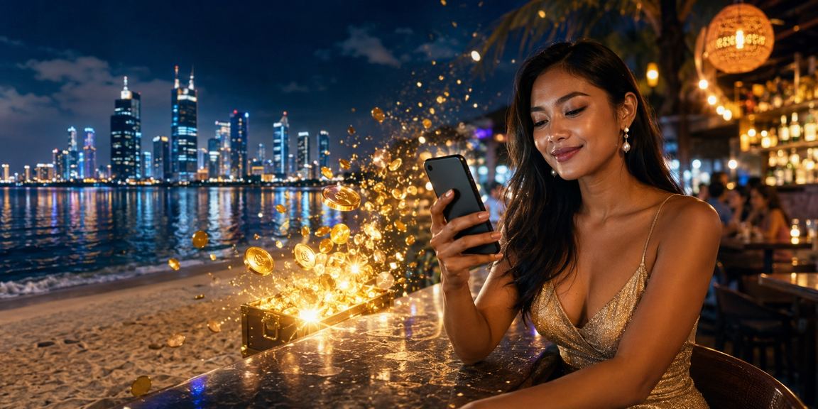 Pengguna bermain casino mobile di tepi pantai dengan pemandangan laut