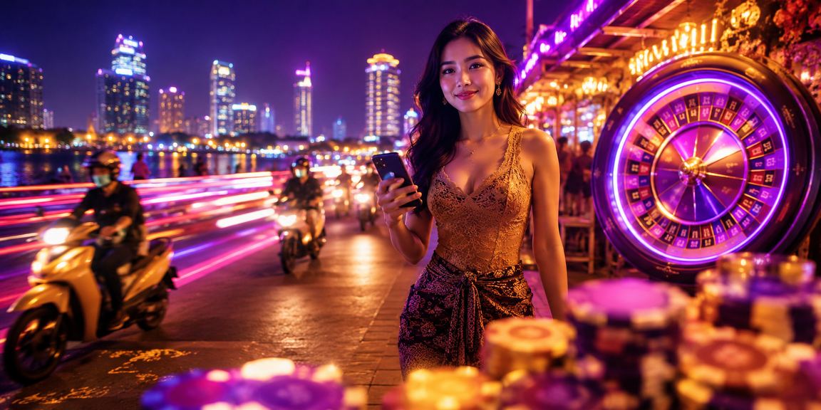 Meja roulette di pasar malam neon